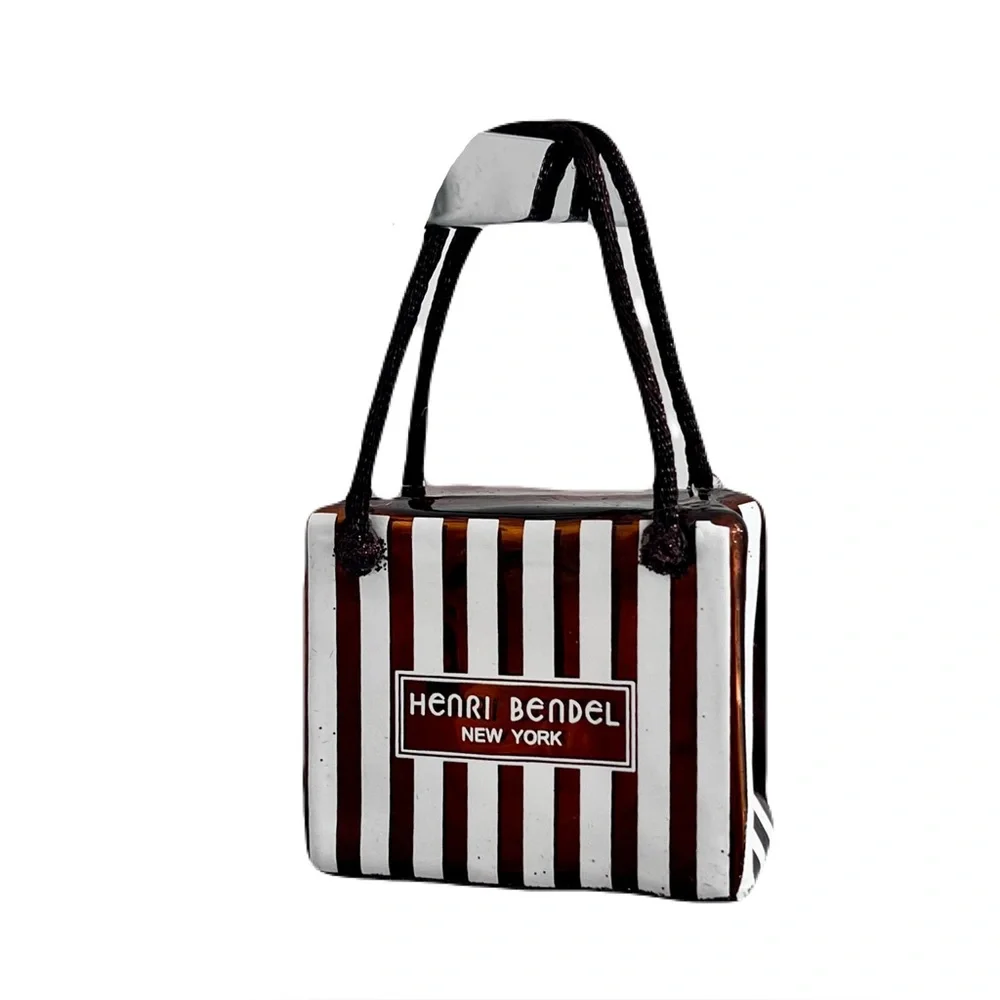 Henri Bendel Brown and White Centennial Striped Shopping Bag Christmas Ornament